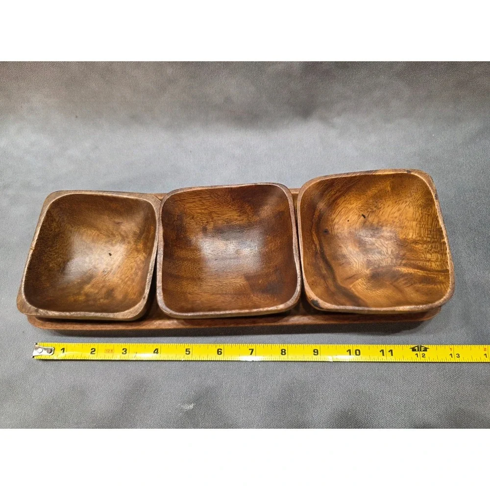 Vintage Acacia Wood Serving Set 3 Square Bowls and Rectangular Tray Philippines